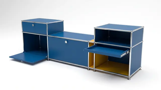 Sideboard in multiple colours, compatible with USM Haller – 1850 × 550 × 500 mm, 7 compartments, 2 drop-down doors, 1 pull-out shelf – photorealistic preview