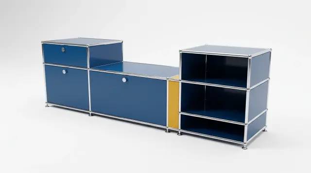 Sideboard in multiple colours, compatible with USM Haller – 1850 × 550 × 500 mm, 7 compartments, 2 drop-down doors, 1 pull-out shelf – photorealistic preview