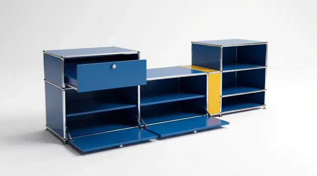 Sideboard in multiple colours, compatible with USM Haller – 1850 × 550 × 500 mm, 7 compartments, 2 drop-down doors, 1 pull-out shelf – photorealistic preview
