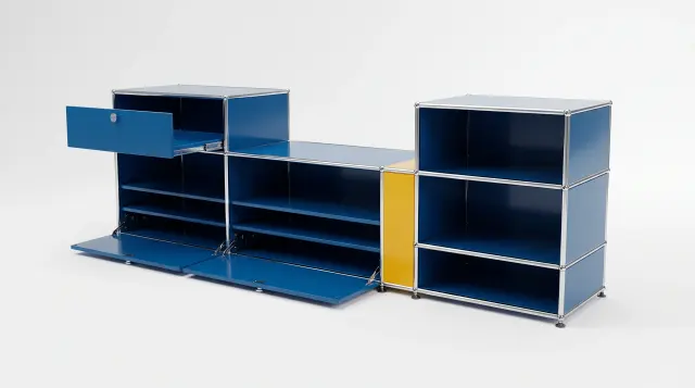 Sideboard in multiple colours, compatible with USM Haller – 1850 × 550 × 500 mm, 7 compartments, 2 drop-down doors, 1 pull-out shelf – photorealistic preview