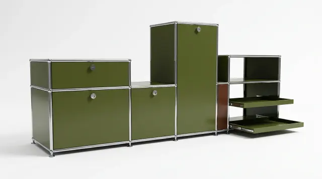 Sideboard in multiple colours, compatible with USM Haller – 1800 × 550 × 500 mm, 8 compartments, 3 drop-down doors, 1 pull-out shelf – photorealistic preview