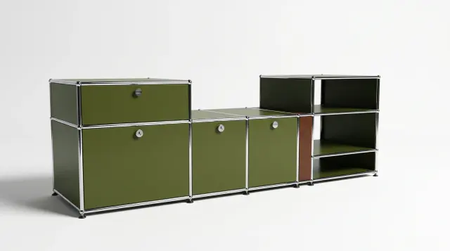 Sideboard in multiple colours, compatible with USM Haller – 1800 × 550 × 500 mm, 8 compartments, 3 drop-down doors, 1 pull-out shelf – photorealistic preview