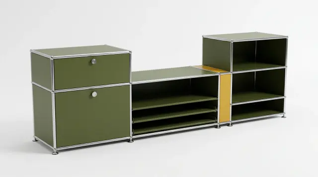 Sideboard in multiple colours, compatible with USM Haller – 1850 × 550 × 500 mm, 7 compartments, 1 drop-down door, 1 pull-out shelf – photorealistic preview