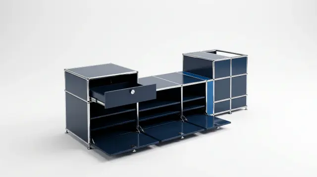 Sideboard in multiple colours, compatible with USM Haller – 1950 × 550 × 500 mm, 11 compartments, 3 drop-down doors, 1 pull-out shelf – photorealistic preview