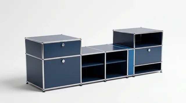 Sideboard in multiple colours, compatible with USM Haller – 1800 × 550 × 500 mm, 8 compartments, 2 drop-down doors – photorealistic preview