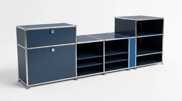 Sideboard in multiple colours, compatible with USM Haller – 1800 × 550 × 500 mm, 8 compartments, 2 drop-down doors – photorealistic preview