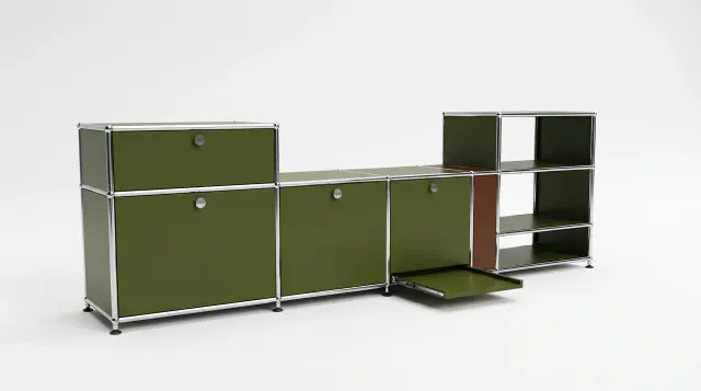 Sideboard in multiple colours, compatible with USM Haller – 1795 × 550 × 500 mm, 8 compartments, 3 drop-down doors, 1 pull-out shelf – photorealistic preview
