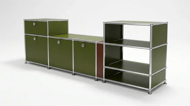 Sideboard in multiple colours, compatible with USM Haller – 1795 × 550 × 500 mm, 8 compartments, 3 drop-down doors, 1 pull-out shelf – photorealistic preview