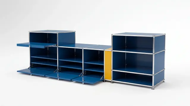 Sideboard in multiple colours, compatible with USM Haller – 1795 × 550 × 500 mm, 8 compartments, 3 drop-down doors, 1 pull-out shelf – photorealistic preview