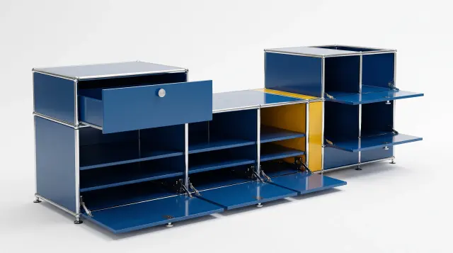 Sideboard in multiple colours, compatible with USM Haller – 1770 × 550 × 500 mm, 11 compartments, 3 drop-down doors, 1 pull-out shelf – photorealistic preview