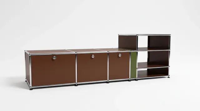 Sideboard in multiple colours, compatible with USM Haller – 1795 × 550 × 500 mm, 7 compartments, 3 drop-down doors – photorealistic preview