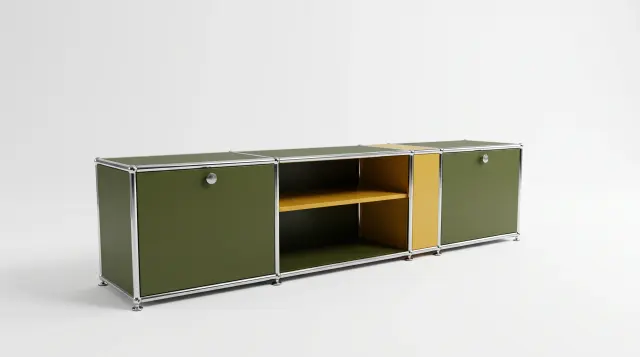 Sideboard in multiple colours, compatible with USM Haller – 1800 × 550 × 500 mm, 8 compartments, 2 drop-down doors – photorealistic preview