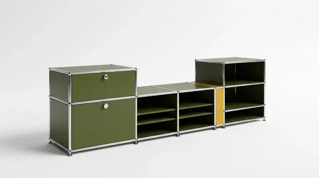 Sideboard in multiple colours, compatible with USM Haller – 1800 × 550 × 500 mm, 8 compartments, 2 drop-down doors – photorealistic preview