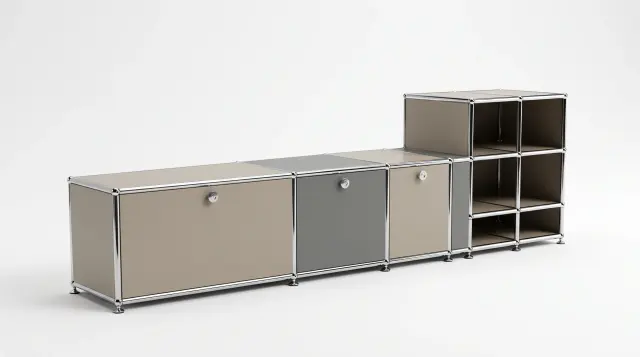 Sideboard in multiple colours, compatible with USM Haller – 1890 × 550 × 500 mm, 10 compartments, 3 drop-down doors – photorealistic preview