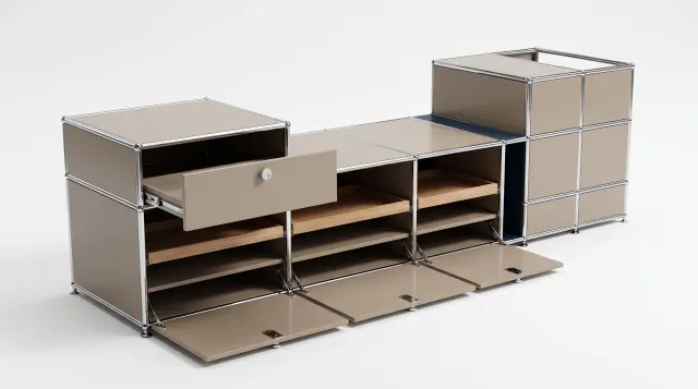 Sideboard in multiple colours, compatible with USM Haller – 1950 × 550 × 500 mm, 11 compartments, 3 drop-down doors, 1 pull-out shelf – photorealistic preview