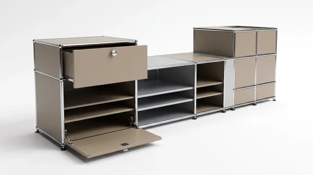 Sideboard in multiple colours, compatible with USM Haller – 1900 × 550 × 500 mm, 11 compartments, 1 drop-down door, 1 pull-out shelf – photorealistic preview
