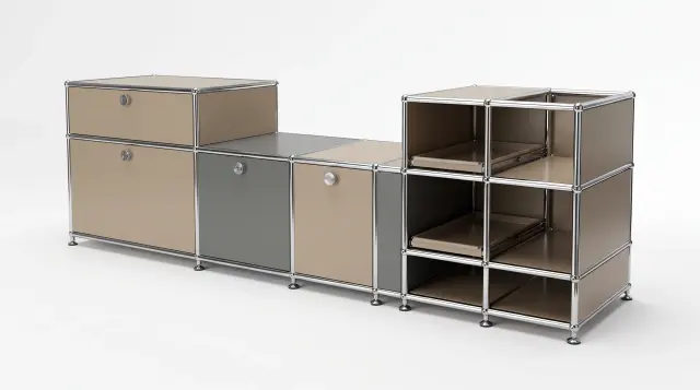 Sideboard in multiple colours, compatible with USM Haller – 1890 × 550 × 500 mm, 11 compartments, 3 drop-down doors, 1 pull-out shelf – photorealistic preview