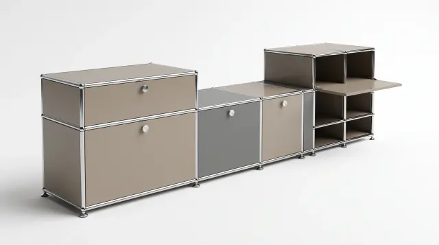 Sideboard in multiple colours, compatible with USM Haller – 1890 × 550 × 500 mm, 11 compartments, 3 drop-down doors, 1 pull-out shelf – photorealistic preview
