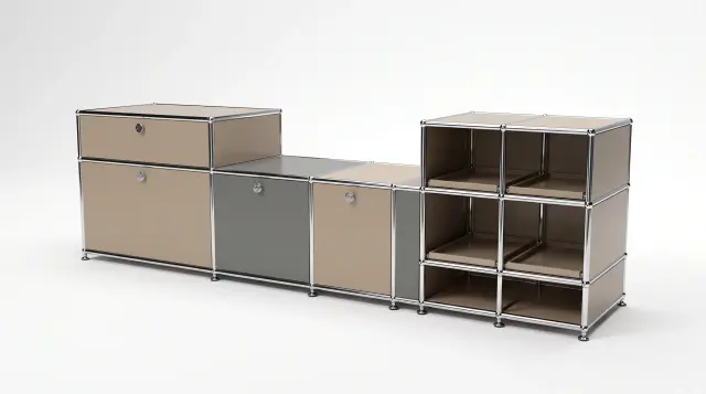 Sideboard in multiple colours, compatible with USM Haller – 1890 × 550 × 500 mm, 11 compartments, 3 drop-down doors, 1 pull-out shelf – photorealistic preview