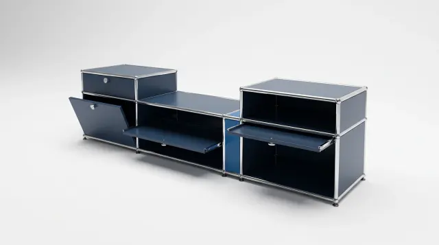 Sideboard in multiple colours, compatible with USM Haller – 1850 × 550 × 500 mm, 7 compartments, 1 drop-down door, 1 pull-out shelf – photorealistic preview