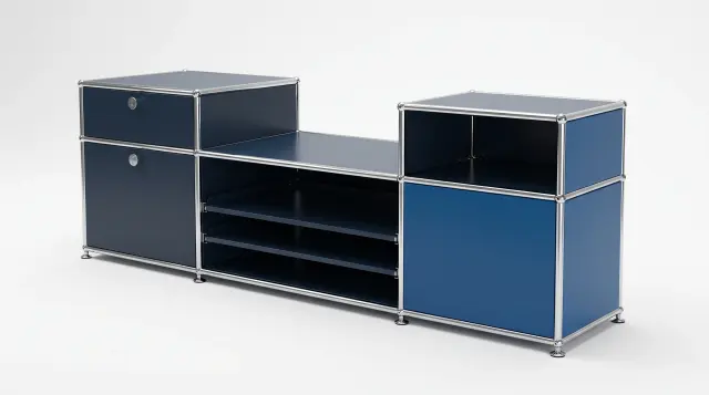 Sideboard in multiple colours, compatible with USM Haller – 1850 × 550 × 500 mm, 7 compartments, 1 drop-down door, 1 pull-out shelf – photorealistic preview