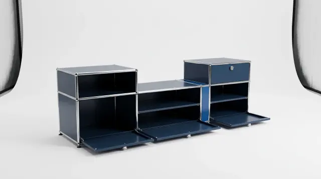 Sideboard in multiple colours, compatible with USM Haller – 1850 × 550 × 500 mm, 7 compartments, 1 drop-down door, 1 pull-out shelf – photorealistic preview