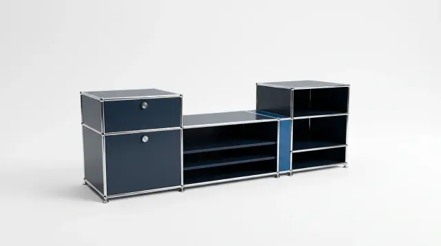 Sideboard in multiple colours, compatible with USM Haller – 1850 × 550 × 500 mm, 7 compartments, 1 drop-down door, 1 pull-out shelf – photorealistic preview