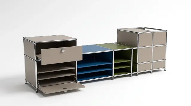 Sideboard in multiple colours, compatible with USM Haller – 1900 × 550 × 500 mm, 11 compartments, 1 drop-down door, 1 pull-out shelf – photorealistic preview