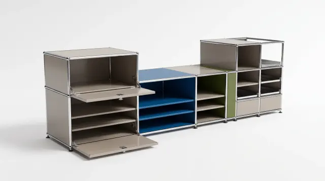 Sideboard in multiple colours, compatible with USM Haller – 1900 × 550 × 500 mm, 11 compartments, 1 drop-down door, 1 pull-out shelf – photorealistic preview