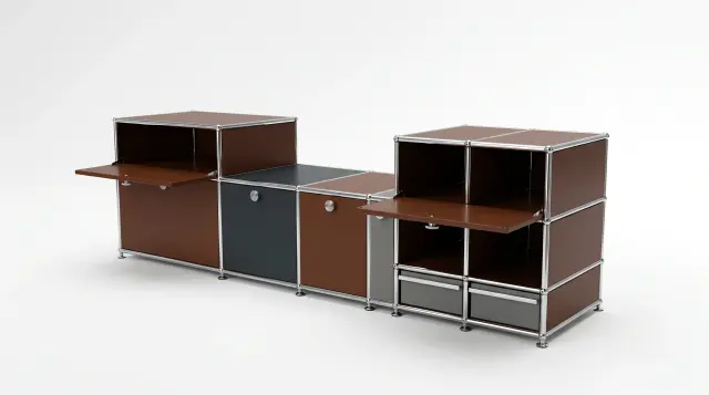 Sideboard in multiple colours, compatible with USM Haller – 1890 × 550 × 500 mm, 11 compartments, 3 drop-down doors, 1 pull-out shelf – photorealistic preview