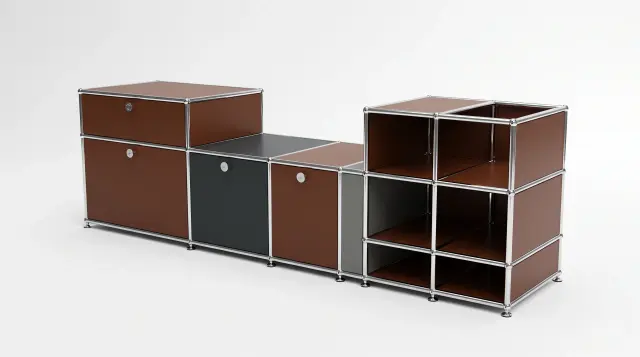 Sideboard in multiple colours, compatible with USM Haller – 1890 × 550 × 500 mm, 11 compartments, 3 drop-down doors, 1 pull-out shelf – photorealistic preview