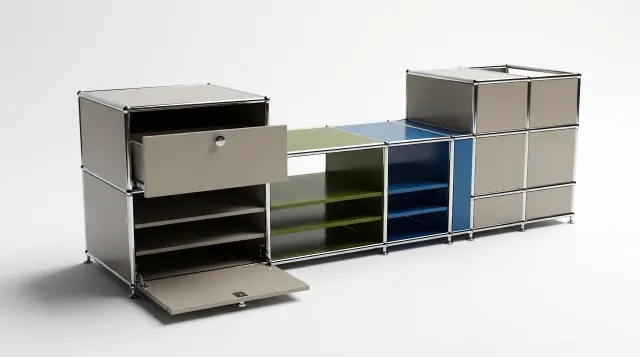 Sideboard in multiple colours, compatible with USM Haller – 1900 × 550 × 500 mm, 11 compartments, 1 drop-down door, 1 pull-out shelf – photorealistic preview