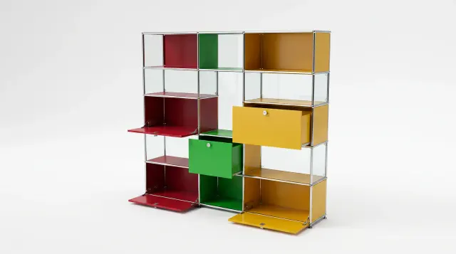 Shelving unit in multiple colours, compatible with USM Haller – 2000 × 1650 × 350 mm, 13 compartments, 3 drop-down doors, 2 pull-out shelves, with glass – photorealistic preview