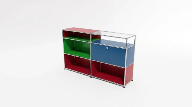 Sideboard in multiple colours, compatible with USM Haller – 1500 × 875 × 350 mm, 6 compartments, 1 drop-down door, with glass – photorealistic preview