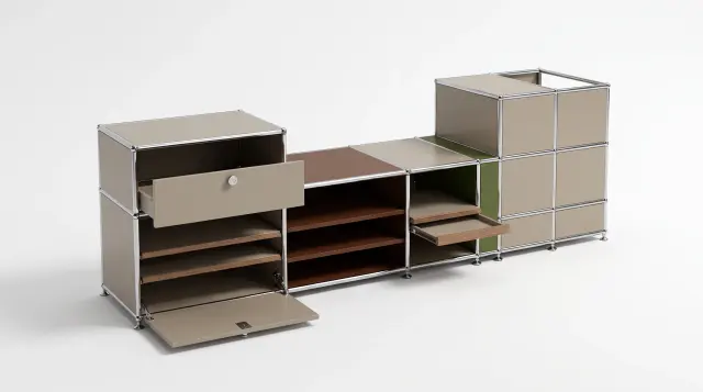 Sideboard in multiple colours, compatible with USM Haller – 1900 × 550 × 500 mm, 11 compartments, 1 drop-down door, 1 pull-out shelf – photorealistic preview