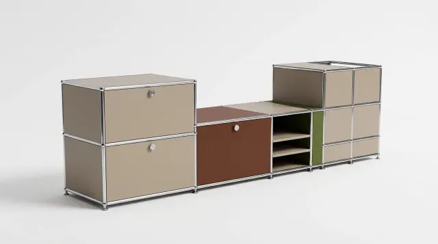 Sideboard in multiple colours, compatible with USM Haller – 1900 × 550 × 500 mm, 11 compartments, 1 drop-down door, 1 pull-out shelf – photorealistic preview