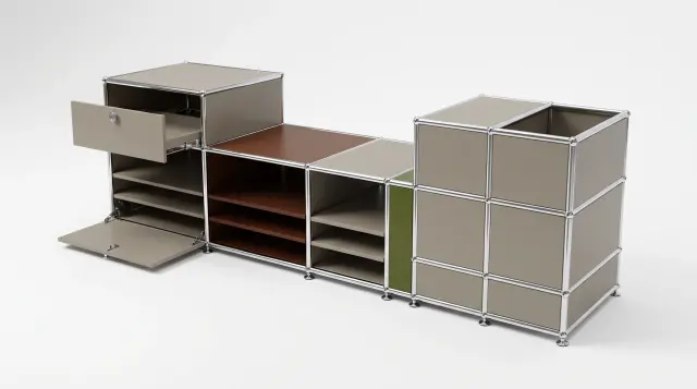 Sideboard in multiple colours, compatible with USM Haller – 1900 × 550 × 500 mm, 11 compartments, 1 drop-down door, 1 pull-out shelf – photorealistic preview