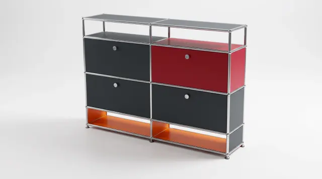 Shelving unit in multiple colours, compatible with USM Haller – 1500 × 1050 × 350 mm, 8 compartments, 4 pull-out shelves – photorealistic preview