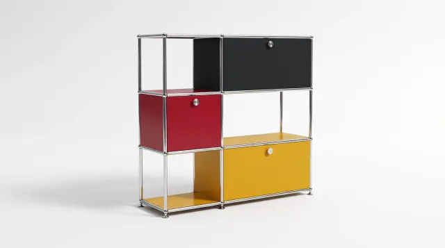 Shelving unit in multiple colours, compatible with USM Haller – 1100 × 1050 × 350 mm, 6 compartments, 3 drop-down doors – photorealistic preview