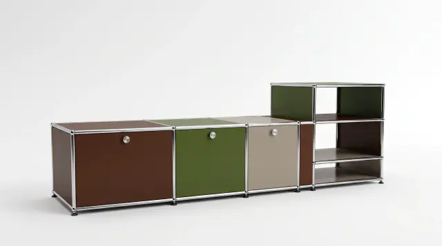 Sideboard in multiple colours, compatible with USM Haller – 1795 × 550 × 500 mm, 7 compartments, 3 drop-down doors – photorealistic preview