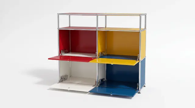 Sideboard in multiple colours, compatible with USM Haller – 1000 × 875 × 350 mm, 6 compartments, 4 drop-down doors – photorealistic preview