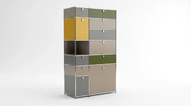 Shelving unit in multiple colours, compatible with USM Haller – 1100 × 2050 × 500 mm, 12 compartments, 11 drop-down doors – photorealistic preview