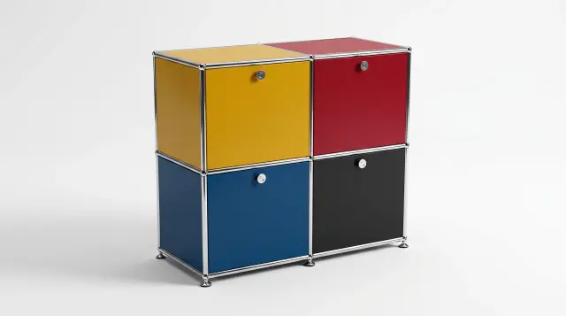 Sideboard in multiple colours, compatible with USM Haller – 790 × 700 × 395 mm, 4 compartments, 4 drop-down doors – photorealistic preview