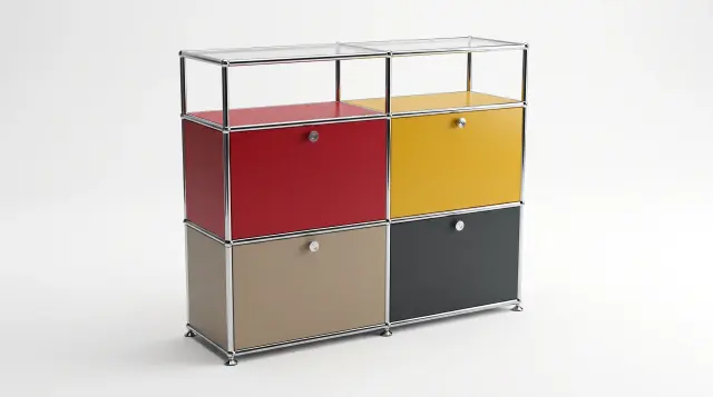 Sideboard in multiple colours, compatible with USM Haller – 1000 × 875 × 350 mm, 6 compartments, 4 drop-down doors, with glass – photorealistic preview