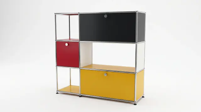 Shelving unit in multiple colours, compatible with USM Haller – 1100 × 1050 × 350 mm, 6 compartments, 3 drop-down doors – photorealistic preview