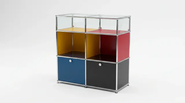 Shelving unit in multiple colours, compatible with USM Haller – 790 × 875 × 395 mm, 6 compartments, 2 drop-down doors, with glass – photorealistic preview