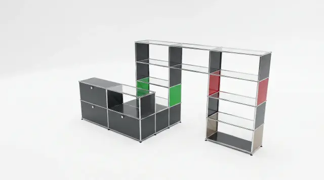 Shelving unit in multiple colours, compatible with USM Haller – 3000 × 1400 × 1050 mm, 14 compartments, 2 drop-down doors, with glass – photorealistic preview