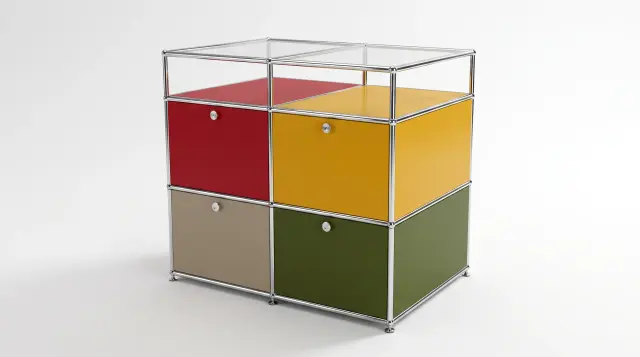 Sideboard in multiple colours, compatible with USM Haller – 1000 × 875 × 750 mm, 6 compartments, 4 drop-down doors, with glass – photorealistic preview