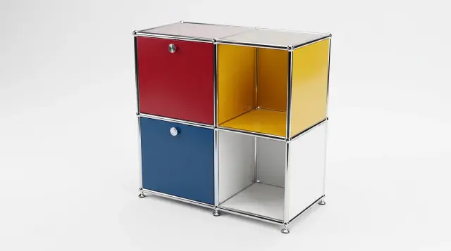 Shelving unit in multiple colours, compatible with USM Haller – 600 × 950 × 500 mm, 6 compartments, 2 drop-down doors, with glass – photorealistic preview