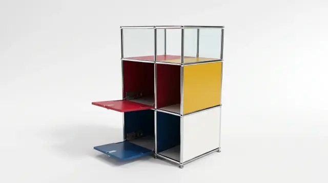 Shelving unit in multiple colours, compatible with USM Haller – 600 × 950 × 500 mm, 6 compartments, 2 drop-down doors, with glass – photorealistic preview